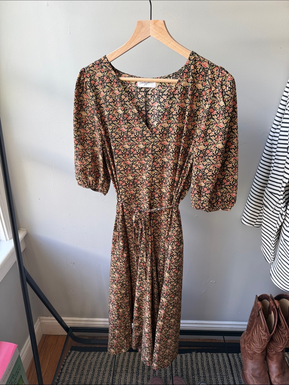 Carly Jean Los Angeles Black Midi Dress with Coral and Cream Floral Print